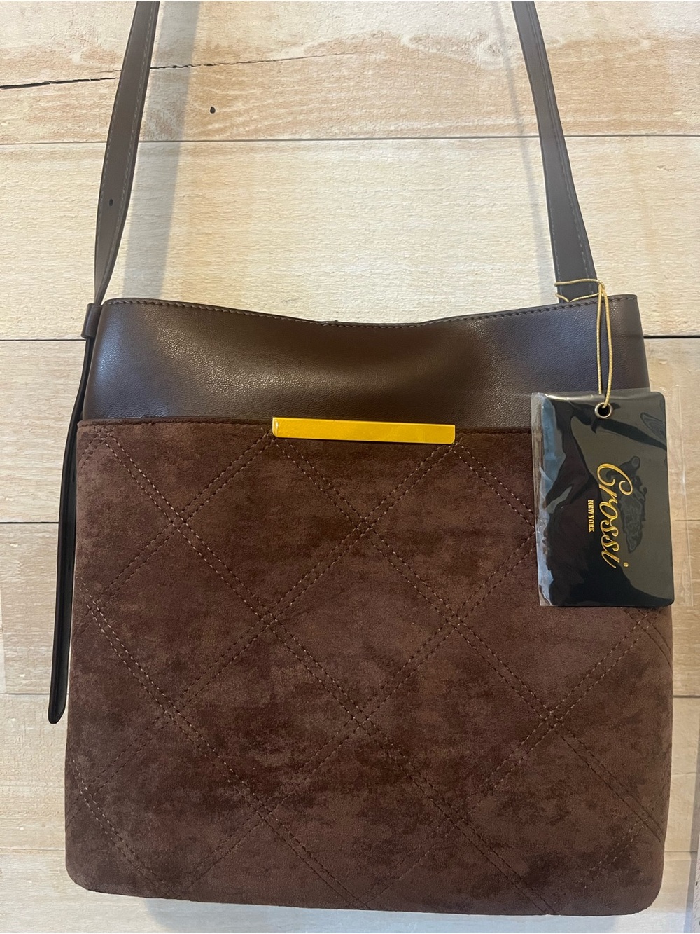 Crossi Brown Quilted Suede & Leather Crossbody Bag Neutral Minimalist